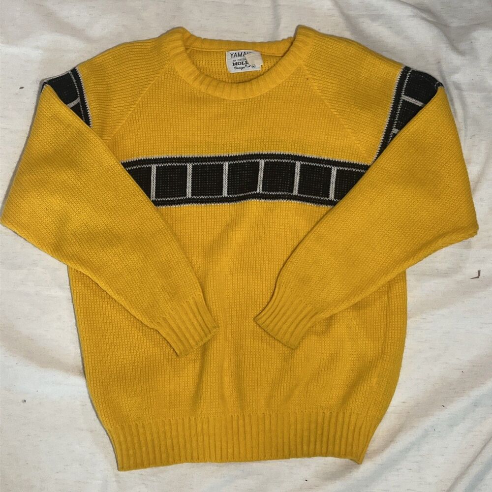 Vintage 70s YAMAHA Knit Molly Design CrewNeck Motocross Sweater Yellow Medium